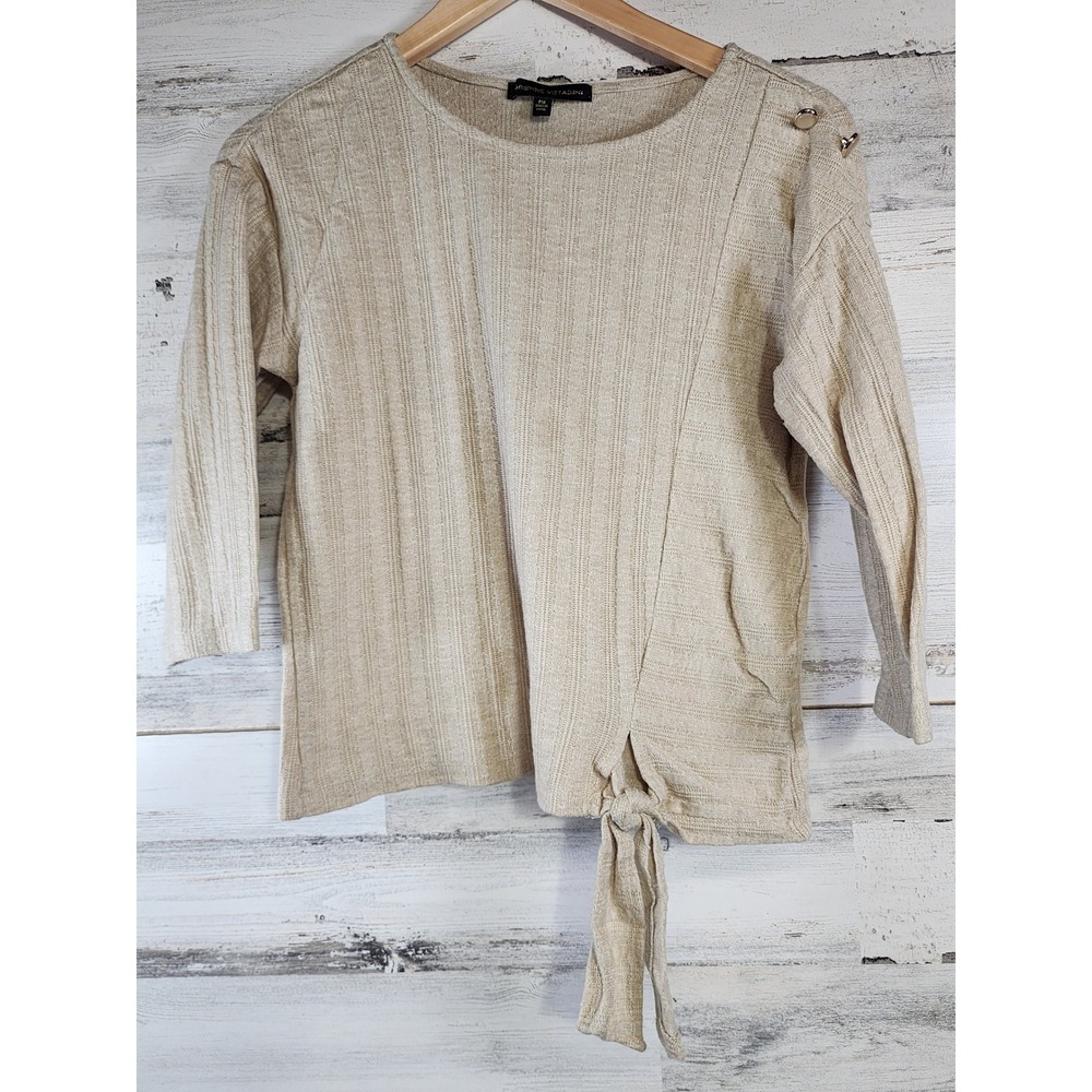 Adrienne Vittadini Top Women PM Beige Tie Front Shoulder Button Knit Sweater